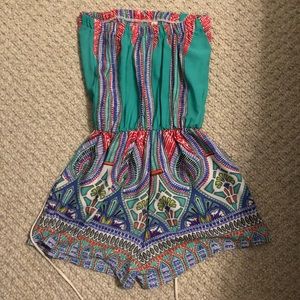 Boutique Teal Patterned Strapless Romper